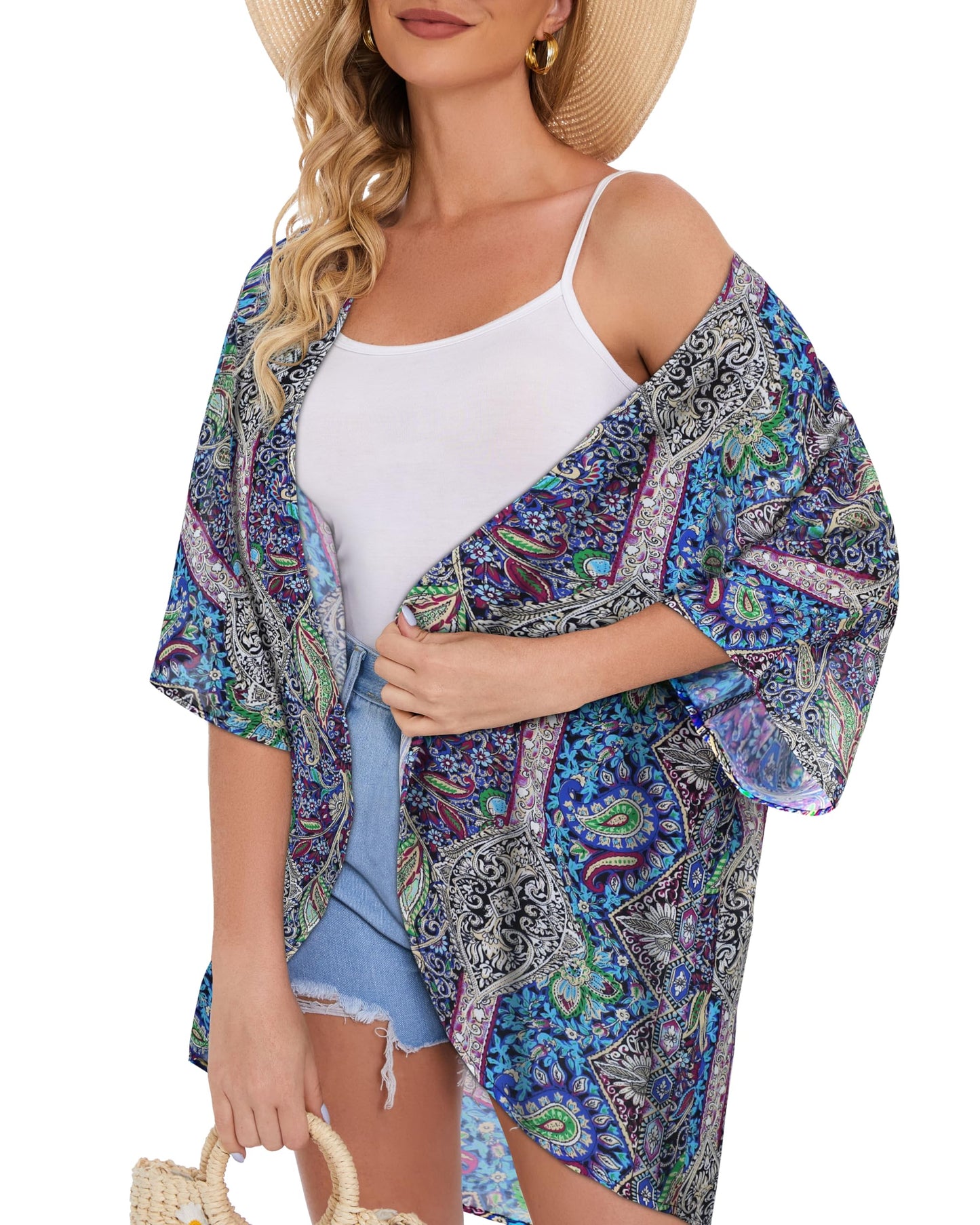 Women's Floral Kimono Print Puff Sleeve Loose Cardigan Cover Up Casual Blouse Tops (Blue Purple Bohemia Print, 2XL)