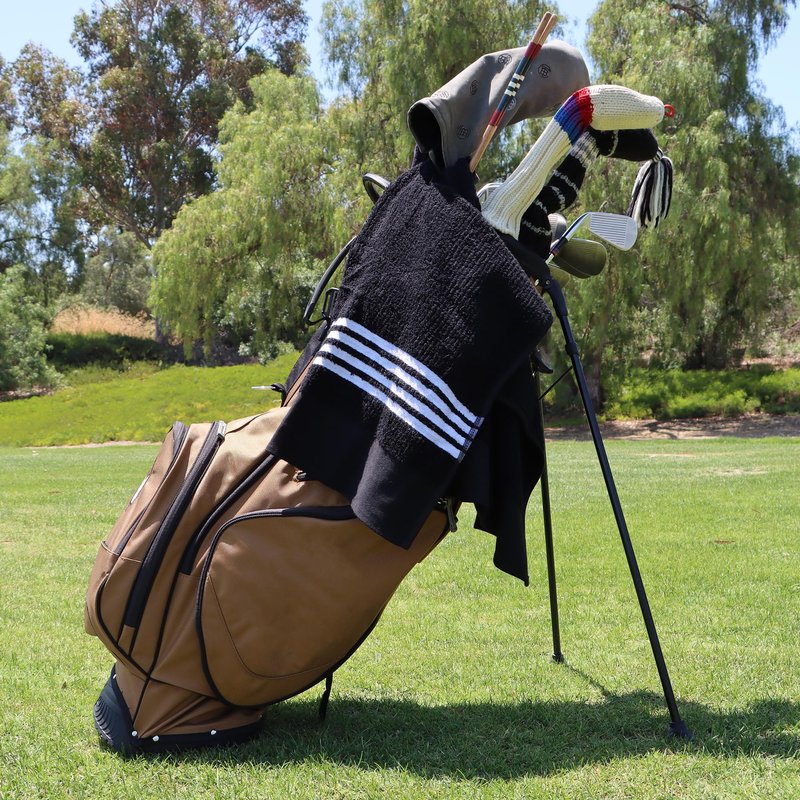 Golf Guys The Tour Towel | Large Caddy Terry Cloth, Absorbent 19 in x 44 in, Center Cut, Perfect Hang Cart Accessory and Bag, Black with White Stripes