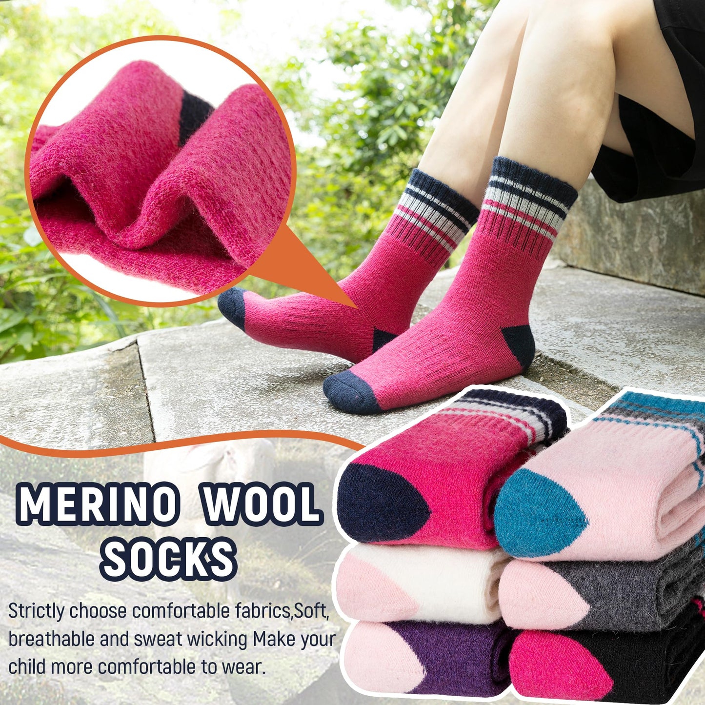 AMENLAN Kids Merino Wool Hiking Socks Boy Girls Winter Thick Boot Cushion Warm Thermal Crew Socks 6 Pairs (Purple Stripes,8-12 Years)