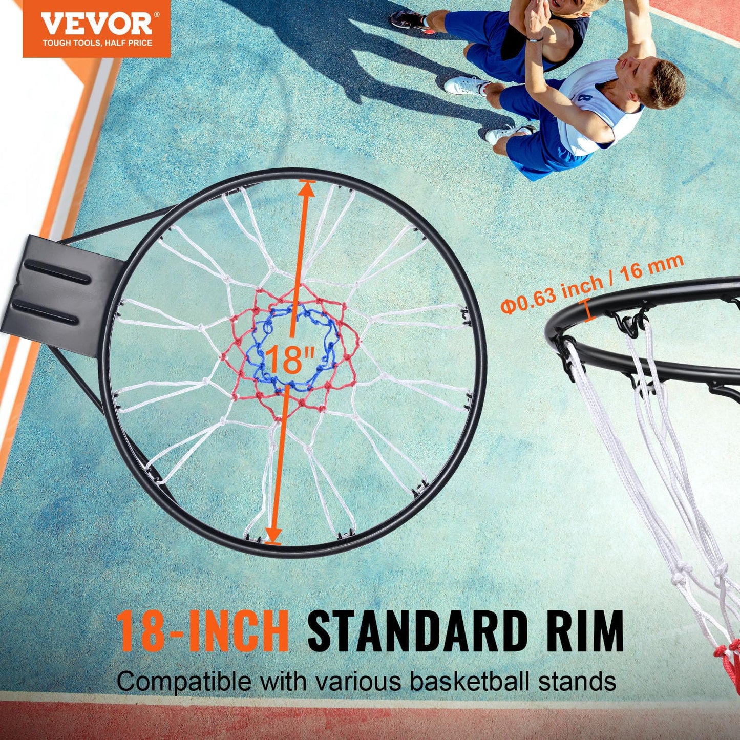 VEVOR Basketball Rim, Wall Door Mounted Basketball Hoop, Heavy Duty Q235 Basketball Flex Rim Goal Replacement with Net, Standard 18" Indoor and Outdoor Hanging Basketball Hoop