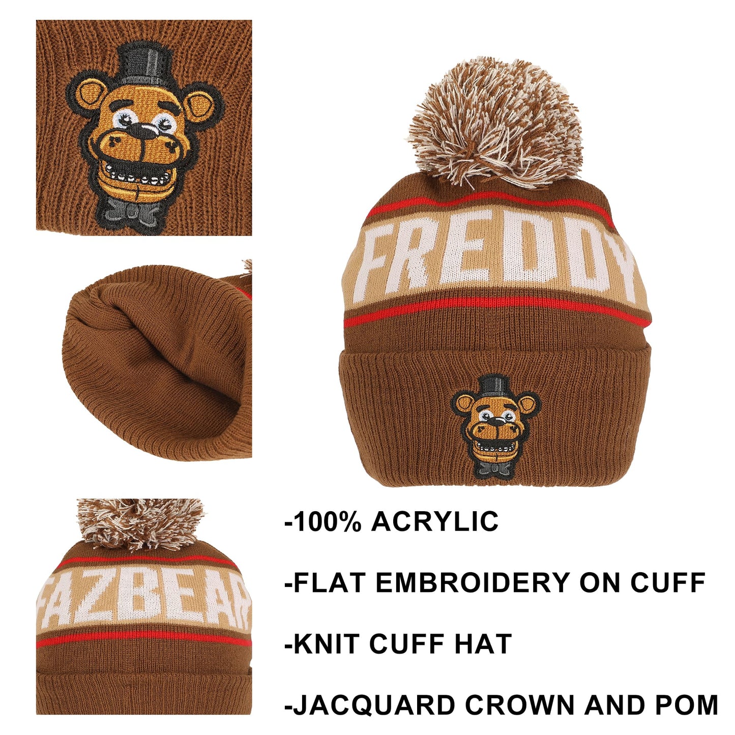 Five Nights At Freddy's Freddy Fazbear Fuzzy Jaquard and Freddy Embroidery Knit Cuff Beanie with Pom Cuff Beanie