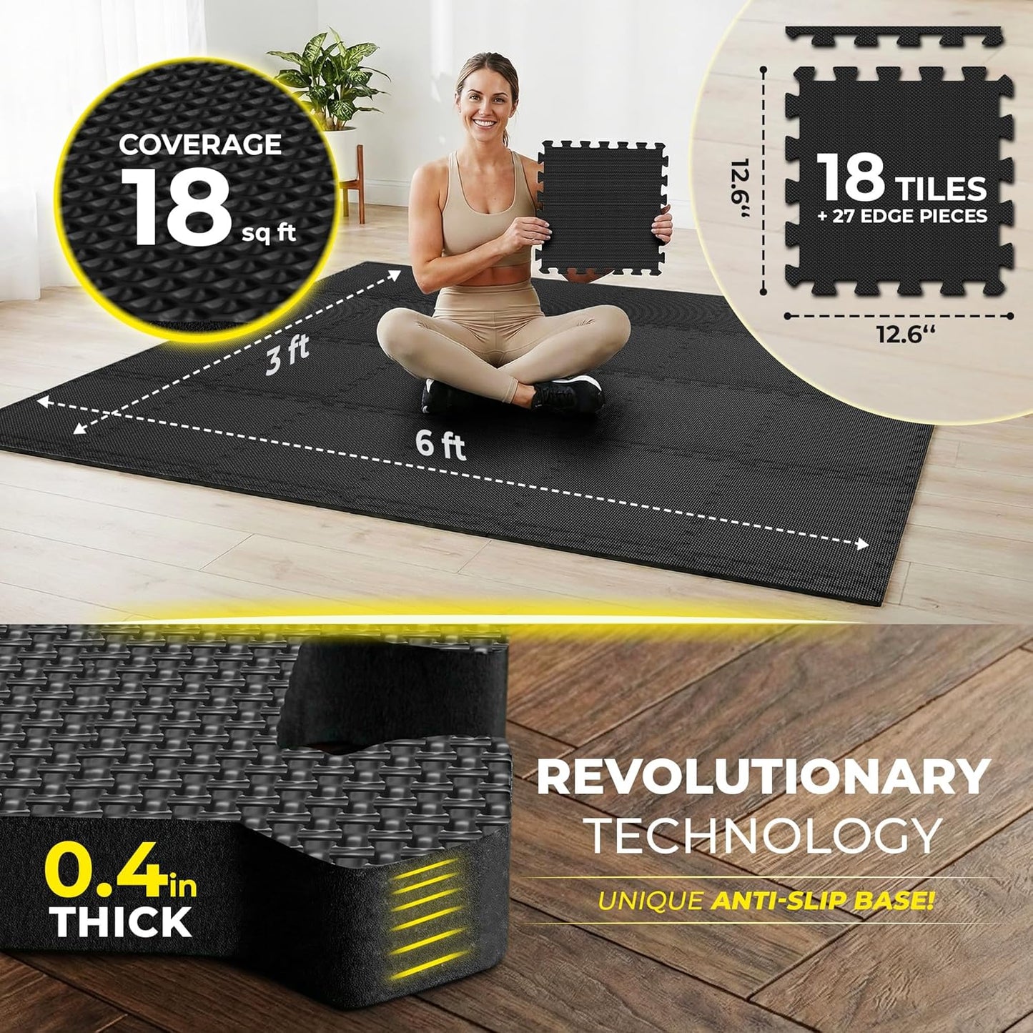 BEMAXX Gym Mats Set - 18 Pcs EVA Interlocking Foam Floor Tiles | Protective 18 Sqft Workout Flooring (12.6"x12.6"x0.4")