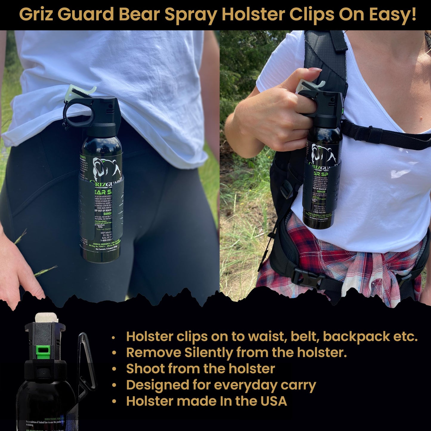 Griz Guard 260GG2 Bear Spray W/Holster 40 ft Range, Max Strength, EPA-Registered Spray for Bears, Mountain Lions, Coyotes, Dogs, & Moose, Outdoor Hiking & Camping Protection, Glow Safety, 9.2oz, 2PK