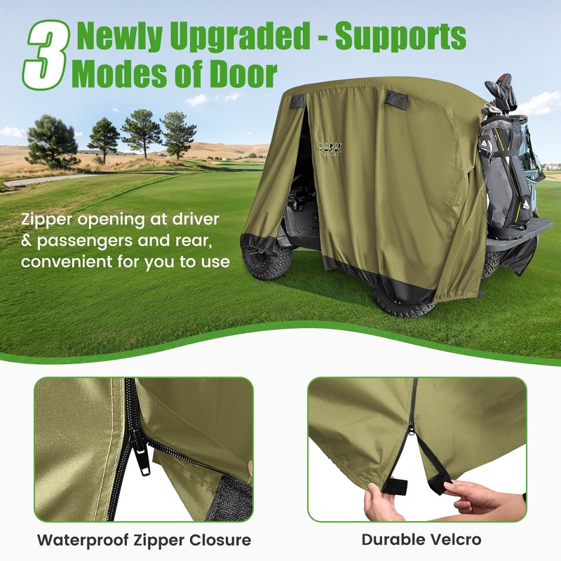 10L0L Universal Golf Cart Covers for Yamaha,Club Car, EZGO, Waterproof 2/4 Passenger Heavy Duty Golf Cart Rain Covers Extended Roof with 3 Zipper Doors (Green)
