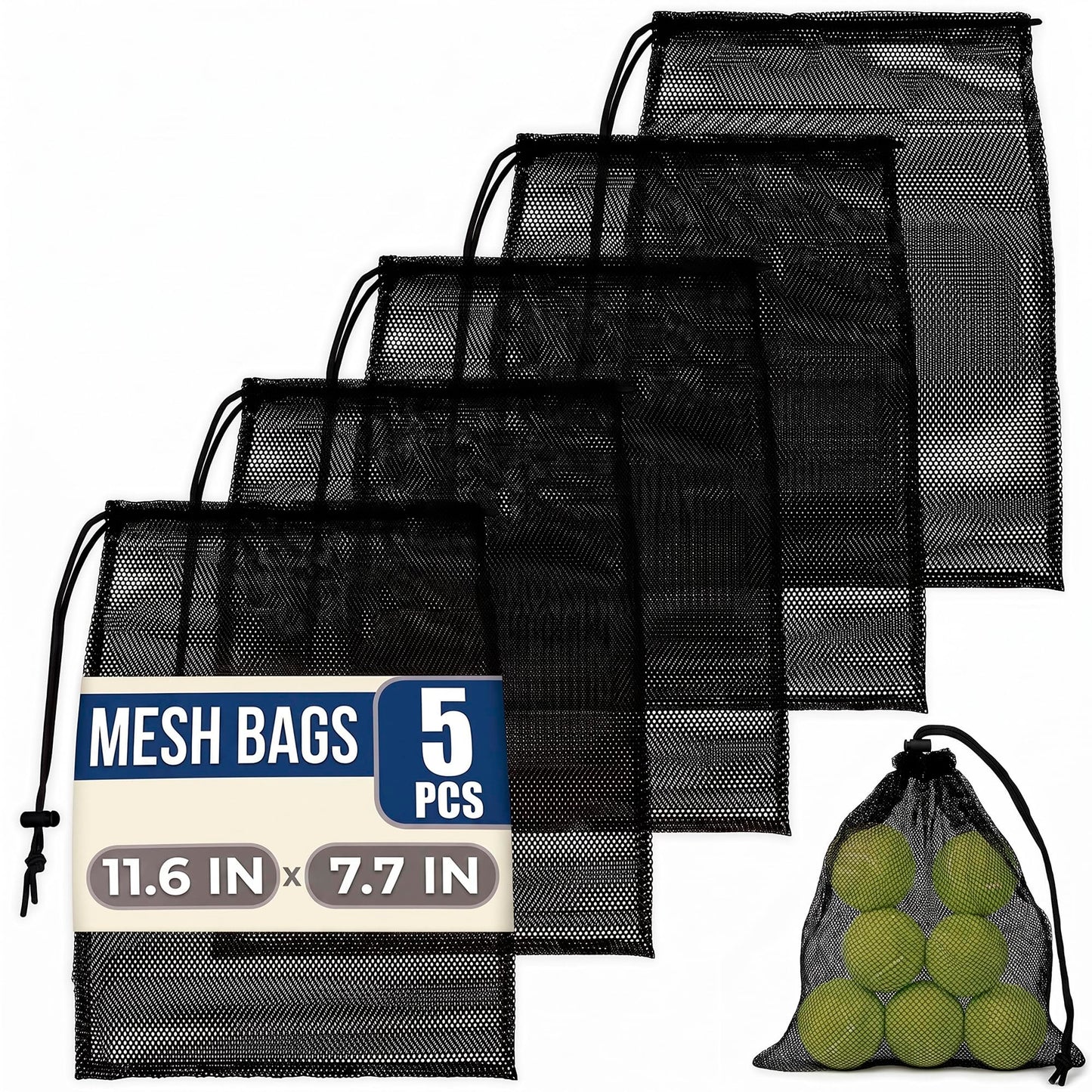 Jambala Mesh Drawstring Bags, 5 Pcs, 11 x 7 Inch - Nylon Net Bags for Swim Gear, Golf Balls, Tennis Balls, Gym Items, and Beach Essentials