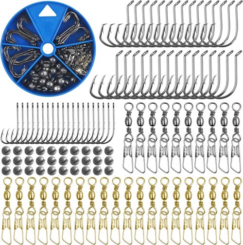 Fishing Terminal Tackle Kit - 110pcs Assortment of Snap Swivels, Octopus Hooks & Sinkers