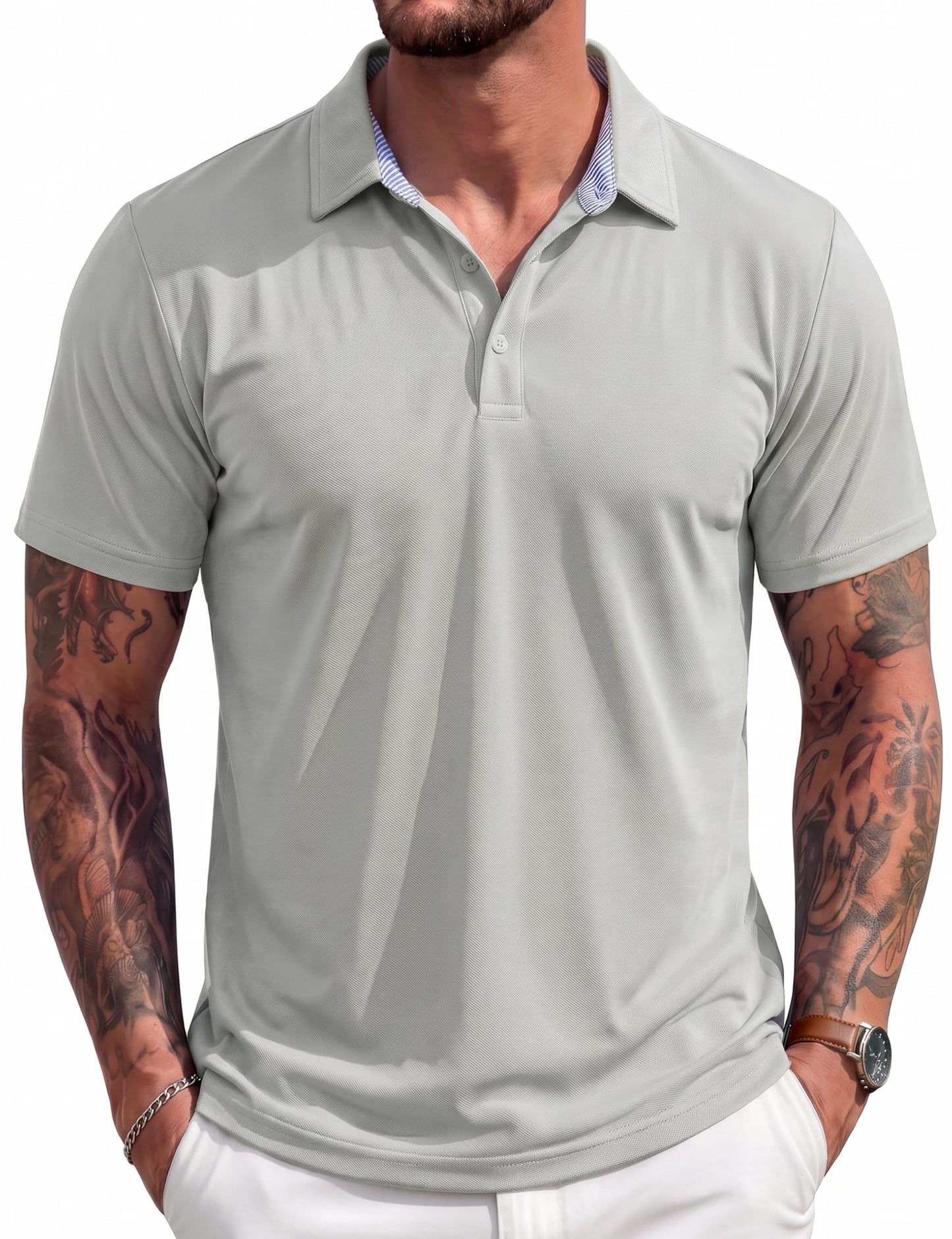MAGCOMSEN Mens Short Sleeve Shirts Golf Polo Shirts Cotton Pique Polo Work Shirt Classic Casual Shirt Button Down Collar Shirt Light Grey, XL