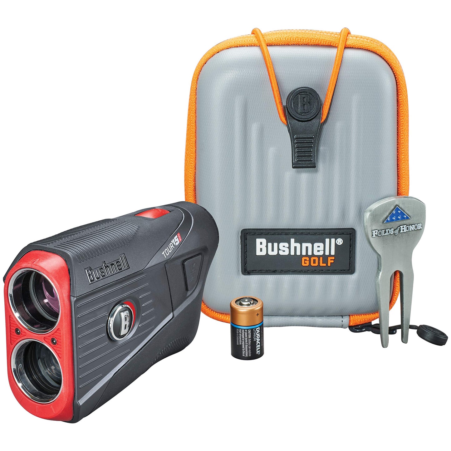 Bushnell Tour V5 Shift (Slope) Golf Laser Rangefinder Patriot Pack Gift Box Bundle with Pitchfix Tool, Case, Microfiber Towel, Two Batteries | Gift Box, Red Bow | 201911P
