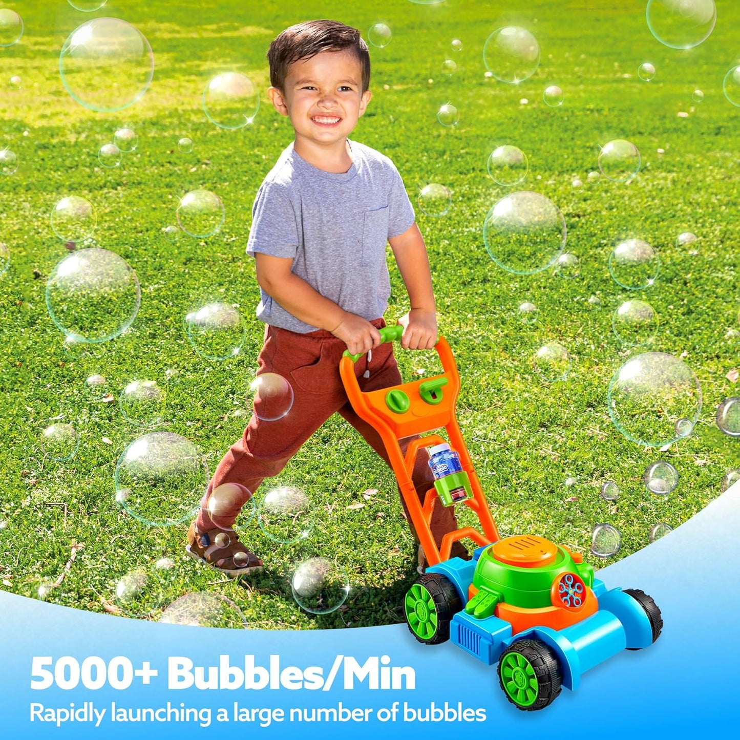 SLOOSH Bubble Lawn Mower - Spill-Proof Bubble Machine for Toddler Gardening Play | Blue, Ages 1-3