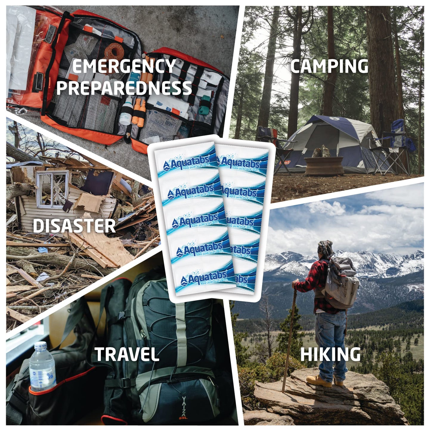 Aquatabs 49mg Water Purification Tablets (50 Pack). Water Filtration System for Hiking, Backpacking, Camping, Emergencies, Survival, and Home-Use. Easy to Use Treatment and Disinfection.