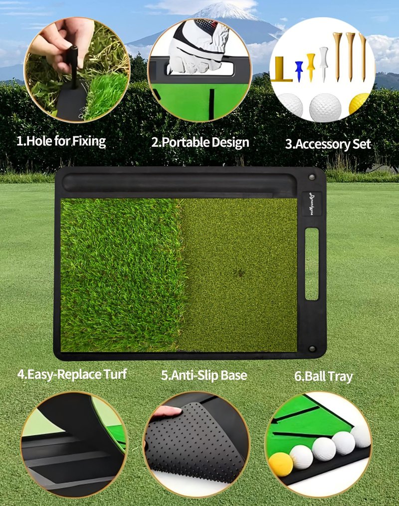 Golf Hitting Mats Outdoor Indoor,Golf Practice Mat with Instant Swing Path 3 Replaceable Golf Swing Training Mats Heavy Duty Non-Slip Rubber Base with Tees & Balls for Training, Driving, Chipping