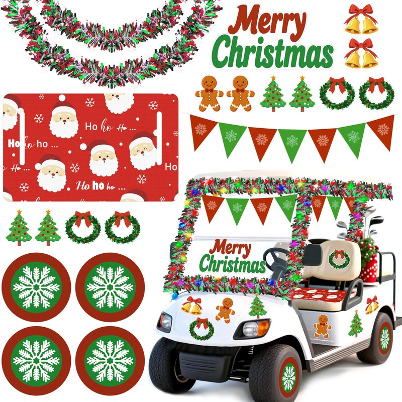 Moon Boat 21Pcs Christmas Golf Cart Decorations - Seat Cover Tinsel Garland Stickers Banner Accessories Kit for Parade Decor
