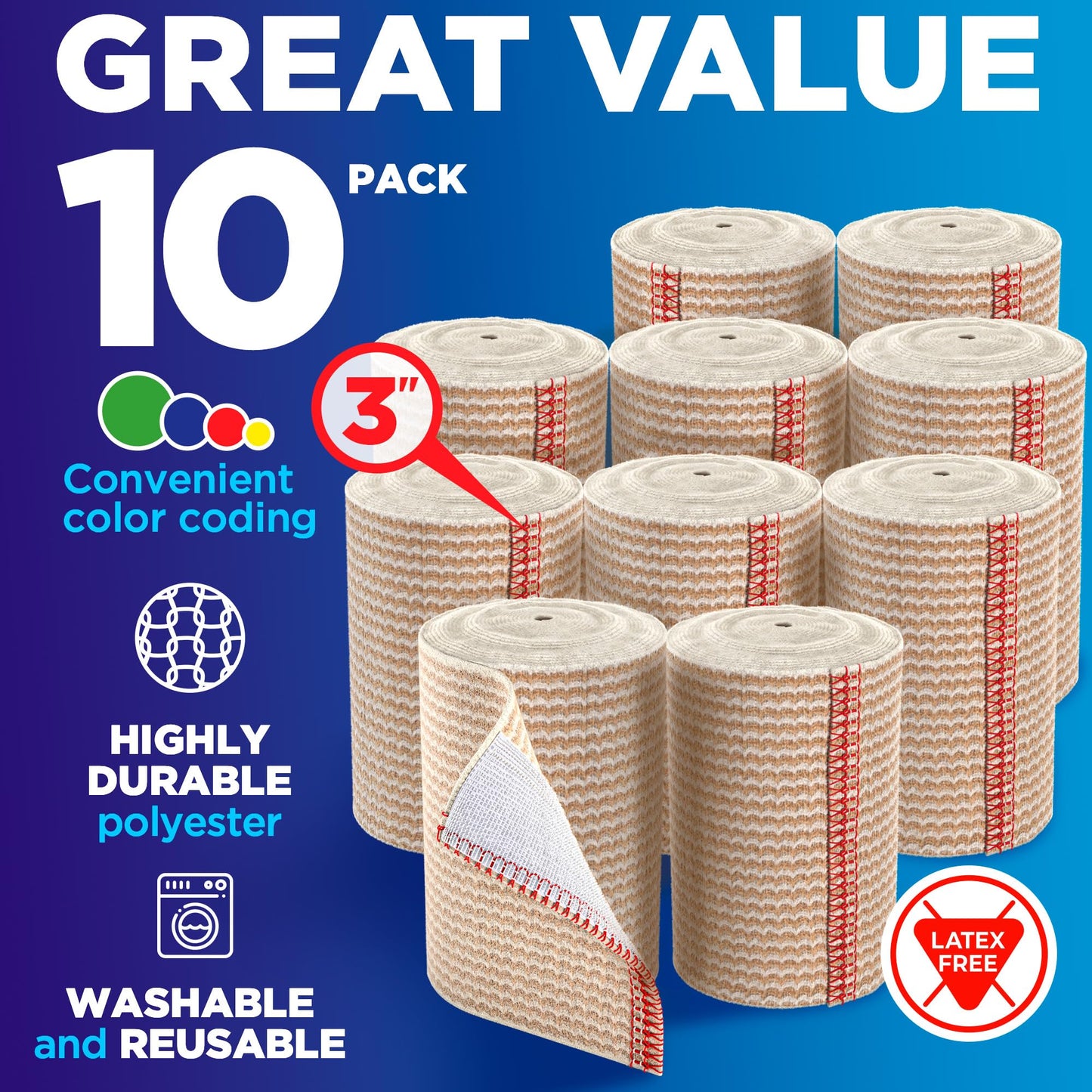 Premium Elastic Bandage Wrap - 3” (10pk) - Strong Compression for Sprains - Self-Closing Reusable Bandages for Legs and Arms - Wrist, Elbow, Foot, Knee Wrap - First Aid Kit and After Surgery Recovery