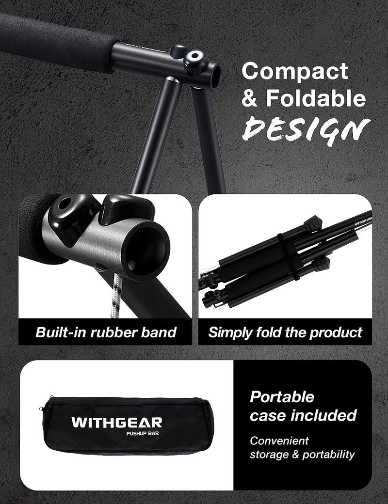 Withgear Folding Push Up Bar - Portable and Lightweight Sturdy Duralumin Metal Push Up Bars and Indoor and Outdoor Parallette Bar for Men and Women Swan Black