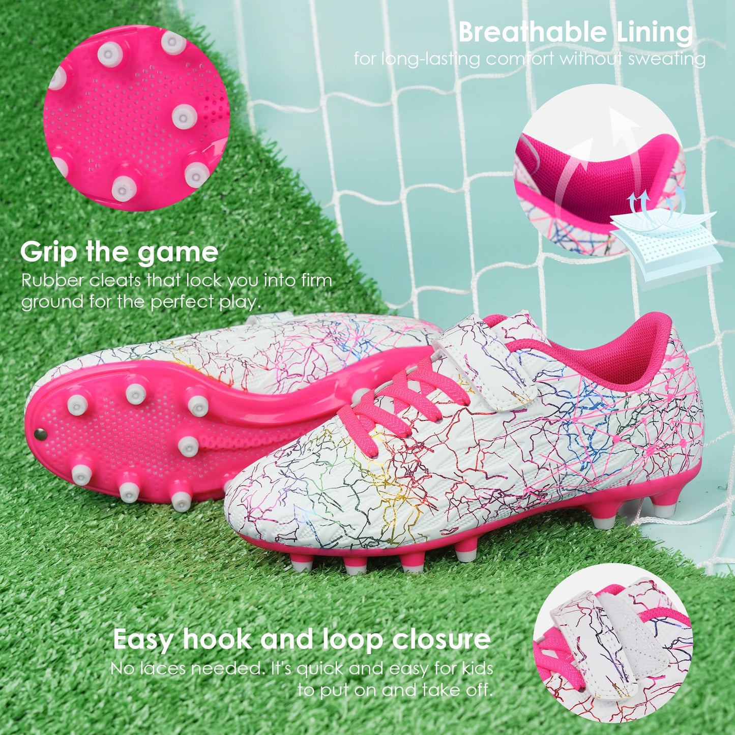 brooman Kids Firm Ground Soccer Cleats Girls Football Cleats with Shin Guards and Soccer Socks (13,White Pink)