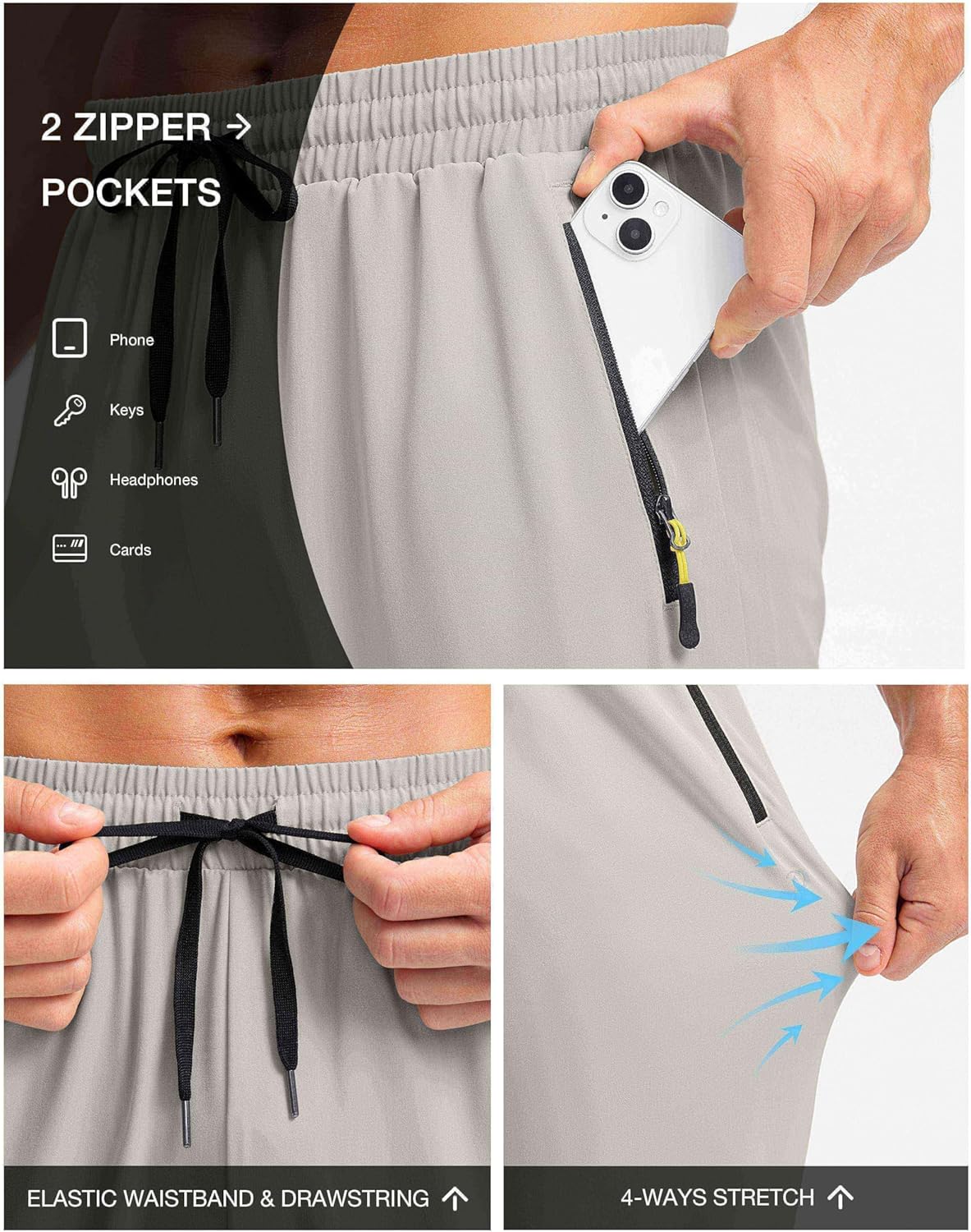 Pudolla Men's Lightweight Hiking Pants - Quick-Dry Outdoor Sweatpants with Zipper Pockets | Athletic Travel