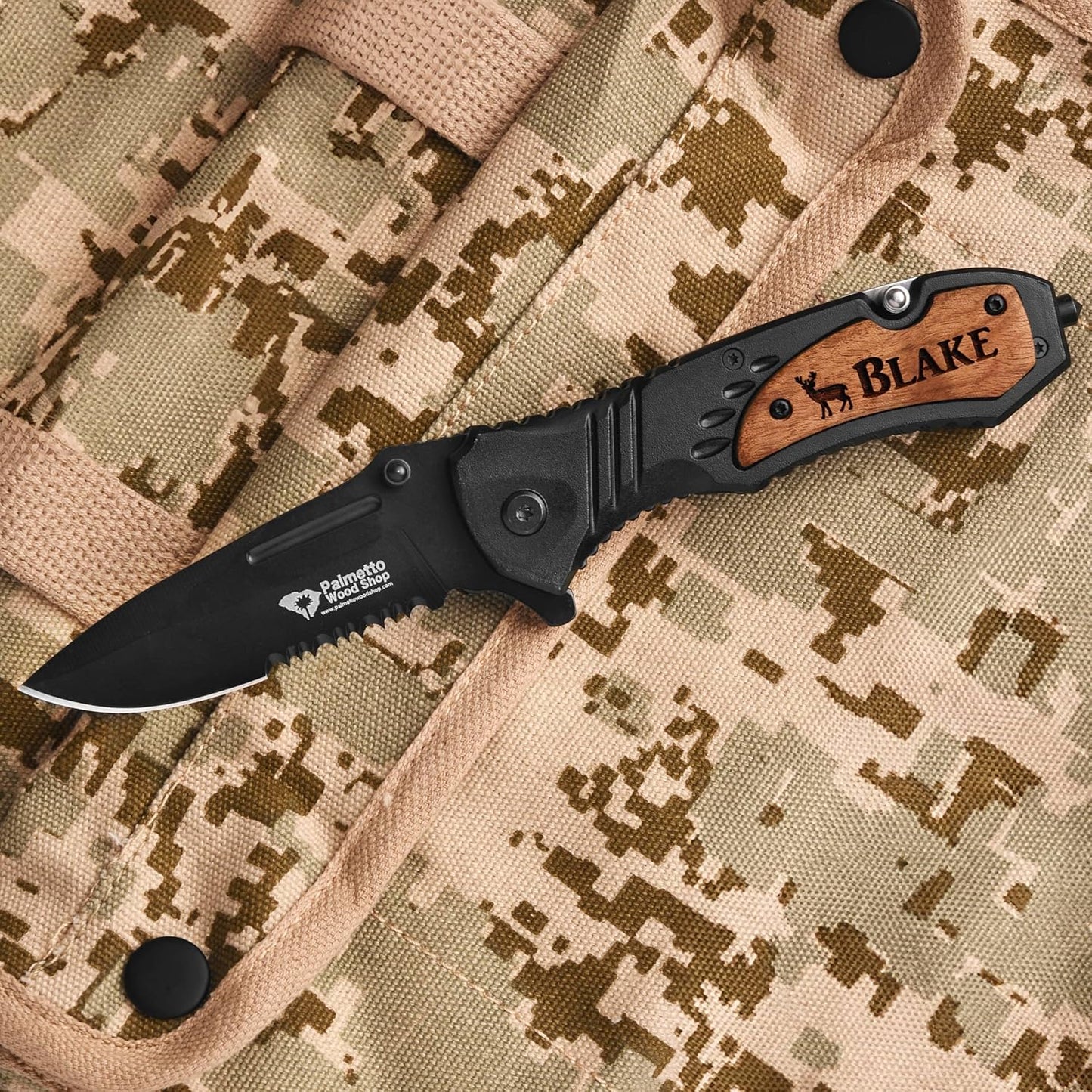Palmetto Wood Shop Custom Pocket Knife - Laser Engraved Gift for Men | 3.25-Inch Stainless Steel Blade, 4.5-Inch Handle