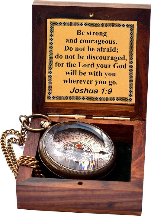 Be Strong and Courageous Compass - Solid Brass Engraved Directional Gift | Baptism & First Communion
