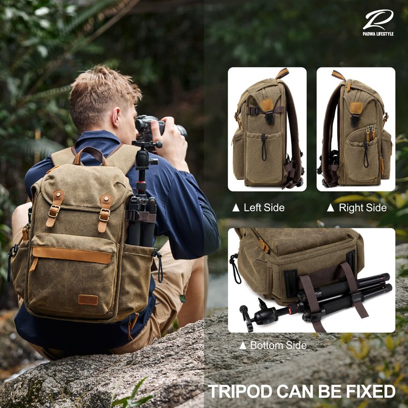 Padwa Lifestyle Khaki Camera Backpack - Professional DSLR & UAV Camera Bag,Anti Theft Canvas Camera Backpacks with Rain Cover,Large Capacity Photography Travel Camera Bag with Multi Compartments