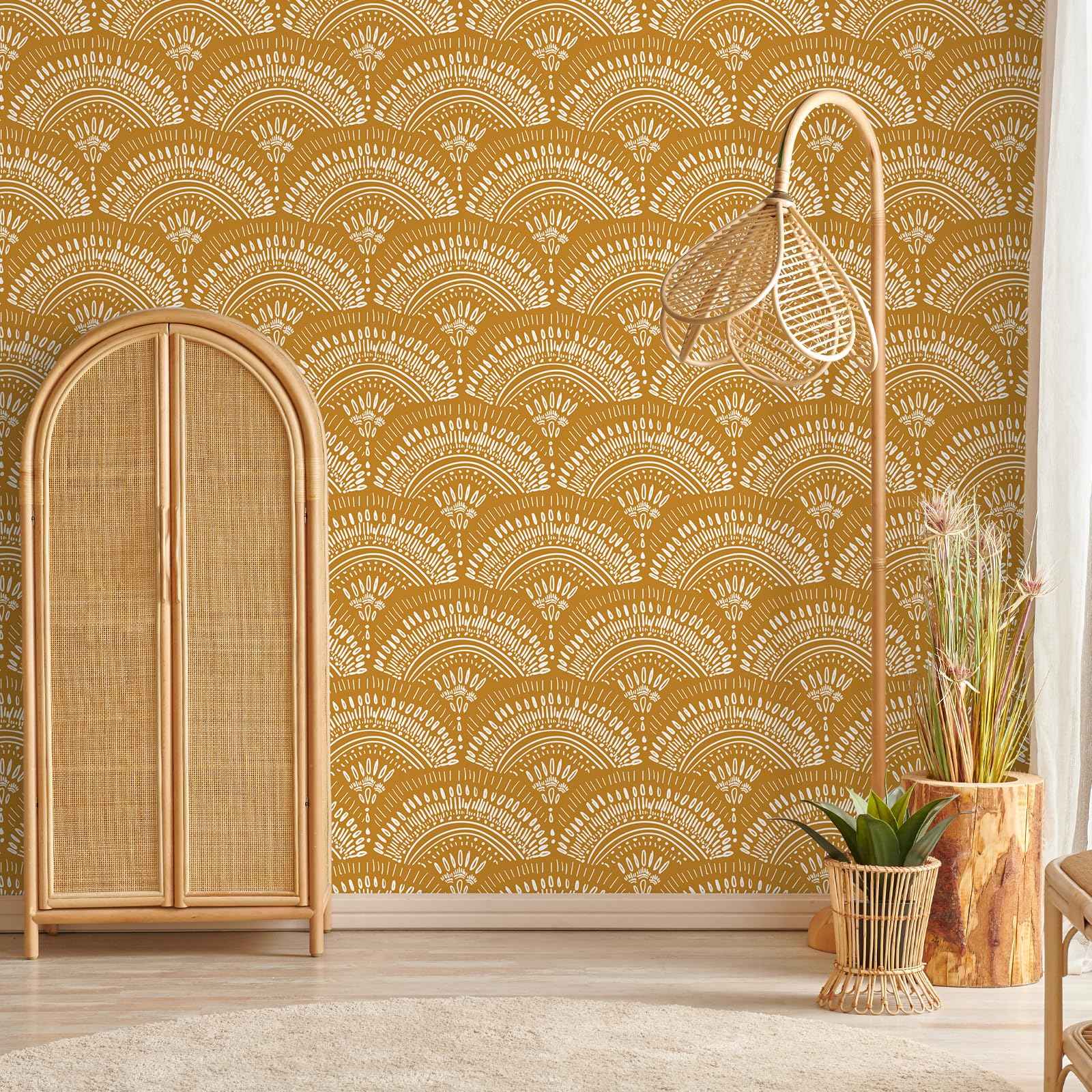 VEELIKE Mustard Yellow Geometric Peel and Stick Wallpaper Boho Geometric Wallpaper Removable 17.7''x118'' Renter Friendly Art Deco Wallpaper Peel and Stick for Bedroom Bathroom Accent Walls Cabinets