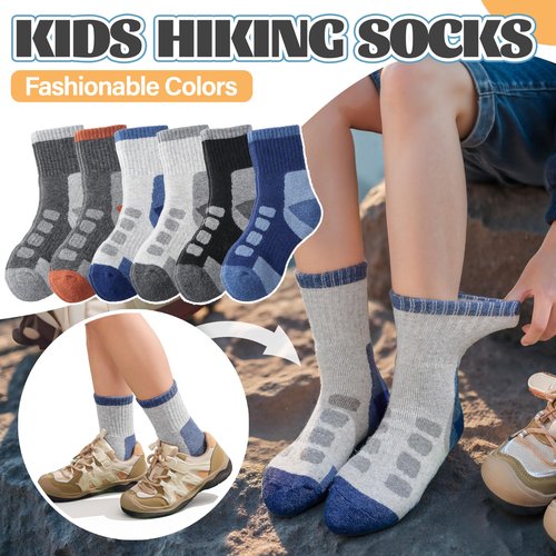 Anlisim Kids Merino Wool Hiking Socks Boys Girls Toddlers Thermal Winter Warm Boot Thick Cushion Gift Socks 6 Pairs(Blue Check,8-12 Years)