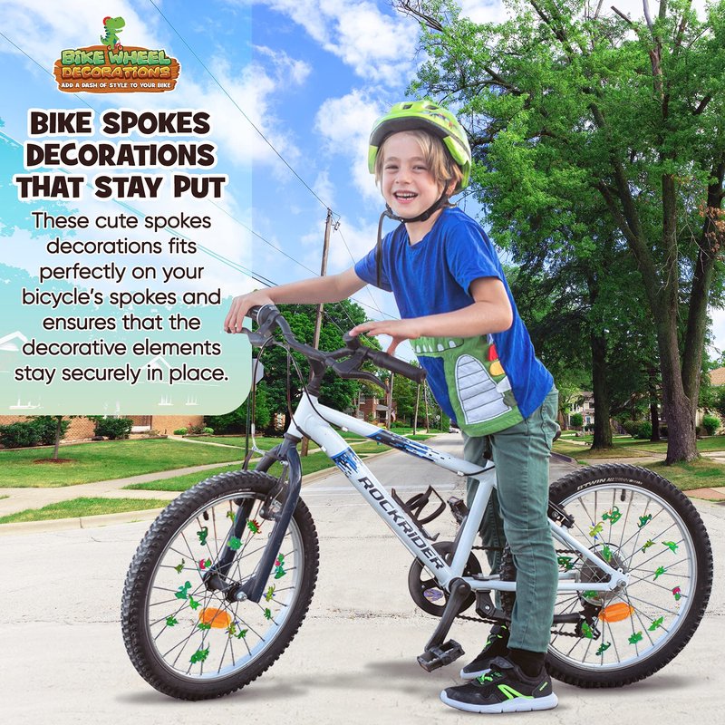 Wheely Bikes 36 Pcs Kids Bike Spoke Decorations – Cute Dinosaur, Flower & Butterfly Kids Bike Accessories for Boys, Bike Charms - Party Favors, Goodie Bag Stuffers for Boys & Girls, Green