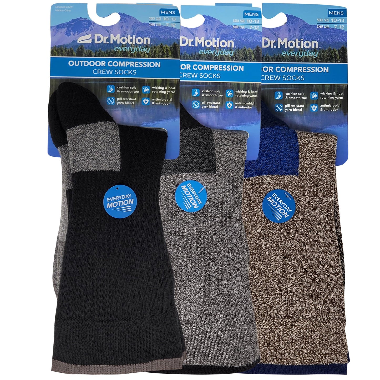 Dr. Motion Compression Crew Socks For Men Outdoor Hiking Walking With Enhanced Cushion And Breathable Arch Support 3 Pairs (Assorted B)