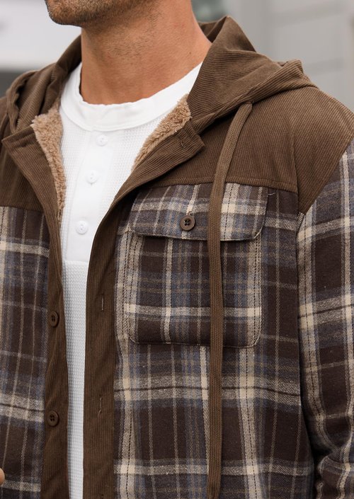 Herberton Mens Casual Thermal Jacket Insulated Cool Coat Sherpa Lined Plaid Flannel Hooded Corduroy Button Warm Fluff Classic Longsleeve Cotton Color Block Hoodie Brown - Plaid XL
