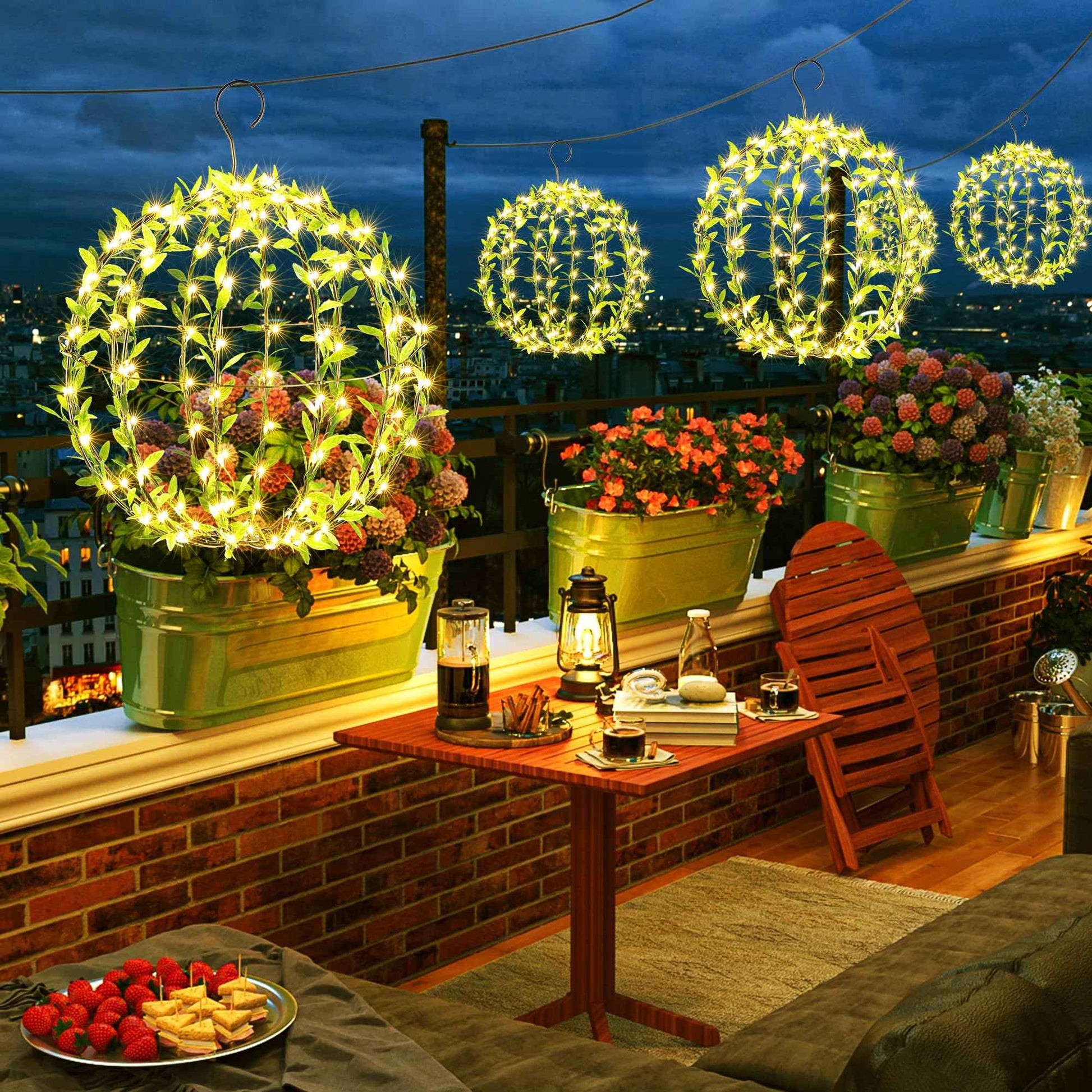 Flacchi Hanging Iron Sphere Lights with Artificial Greenery – 12Inch 120 LED Waterproof Outdoor/Indoor Decor Ball Light with Timer & 8 Modes – 2 Pack for Garden, Christmas, Weddings (Warm White)