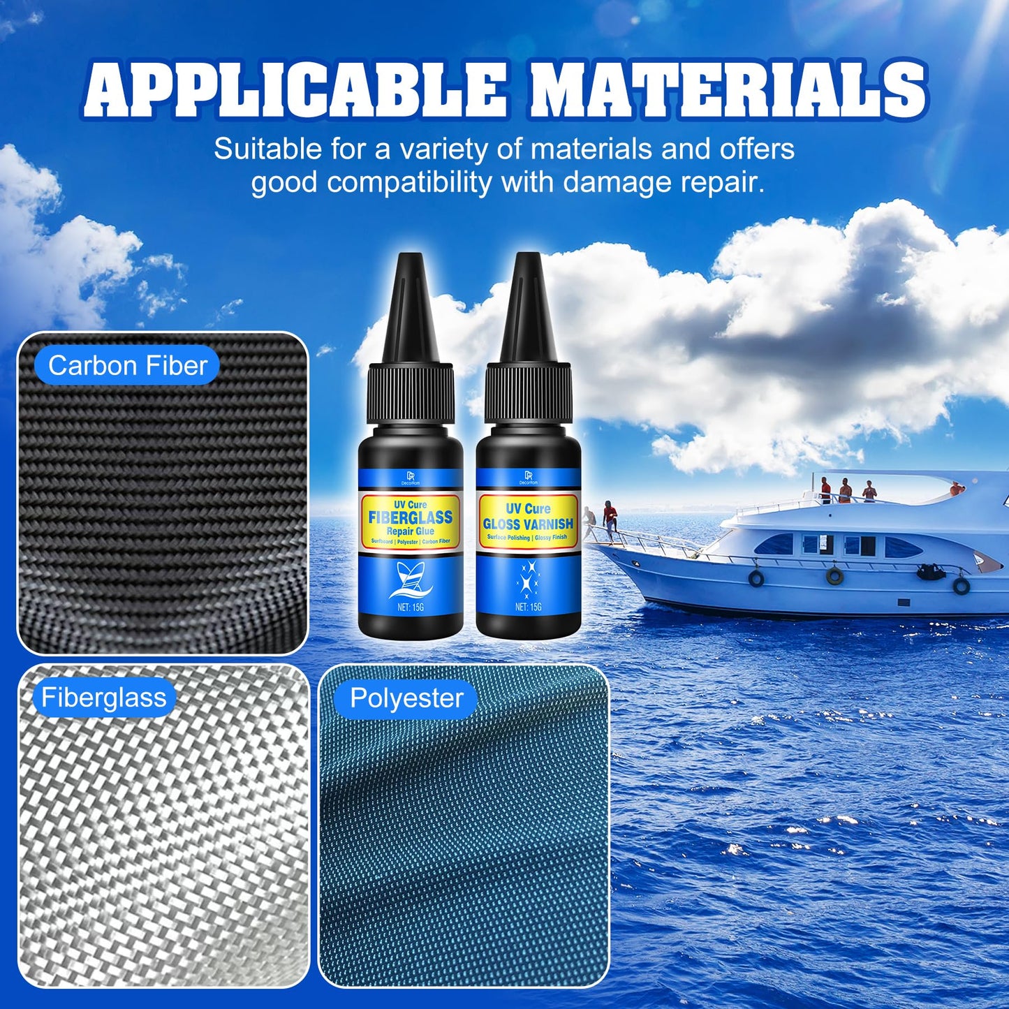 Fiberglass Boat Repair Kit with UV Light, Clear Surfboard Repair Kit , Mega Adhesion Fast Drying for Carbon Fiber, Polyester Fiber - Ideal for Repairing Cracks, Holes in Boat Jetski Yacht & Sailboats