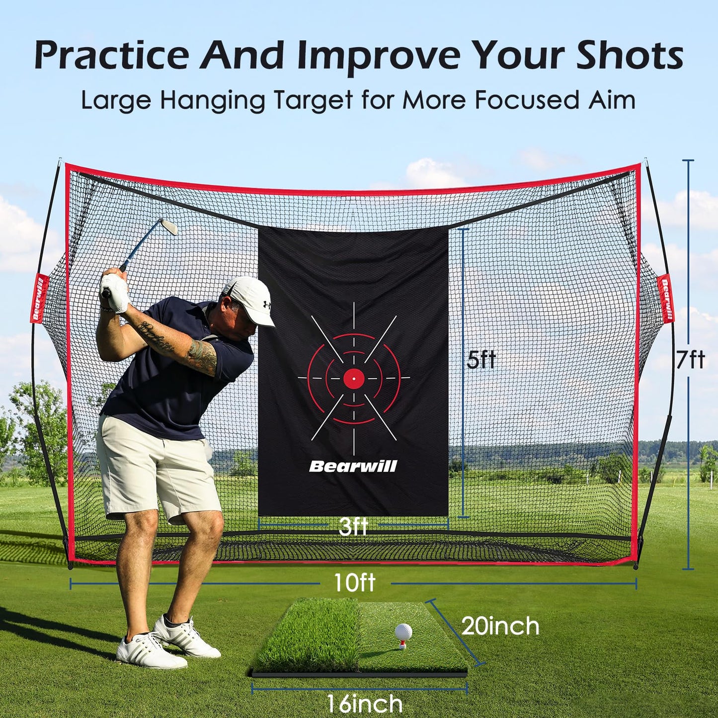 Bearwill Golf Net, 10x7ft Heavy Duty Golf Practice Nets with Mat, Target Cloth, 7 Tees, 6 Balls, Carry Bag for Backyard Driving Chipping Indoor Outdoor Training