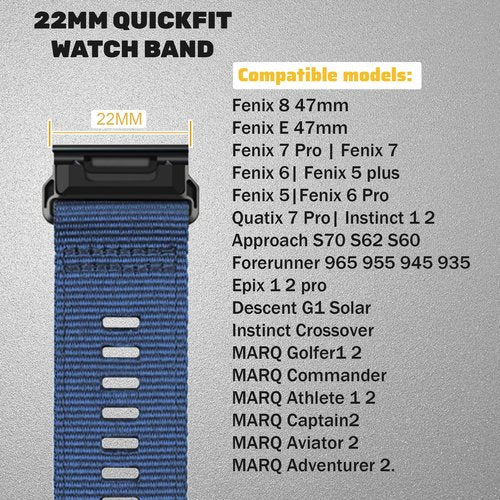 Zeit Diktator 22mm Quickfit Watch Bands compatible with Garmin Fenix 8 47mm/E 47mm/7X Pro/7/6 Pro/5 plus/Forerunner 965 955 945 935/Epix 2 Pro/Descent G1/ Approach S70 S60 S62 Nylon Watchband For Men