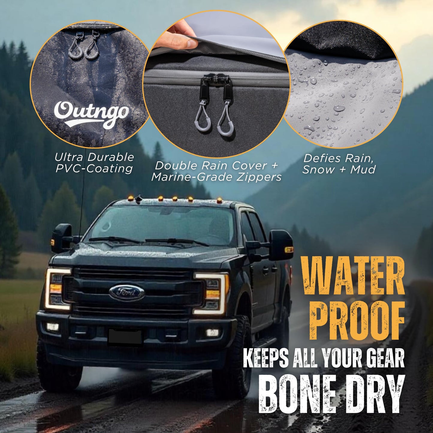 Outngo Truck Bed Cargo Bag-Waterproof Luggage Bag For Truck Bed 26 Cu. Ft Heavy-Duty PVC Truck Bed Waterproof Storage Fits Any Truck Size Dual Opening 4 Stretch Cord 2 Combination Lock (50"x40"x22")