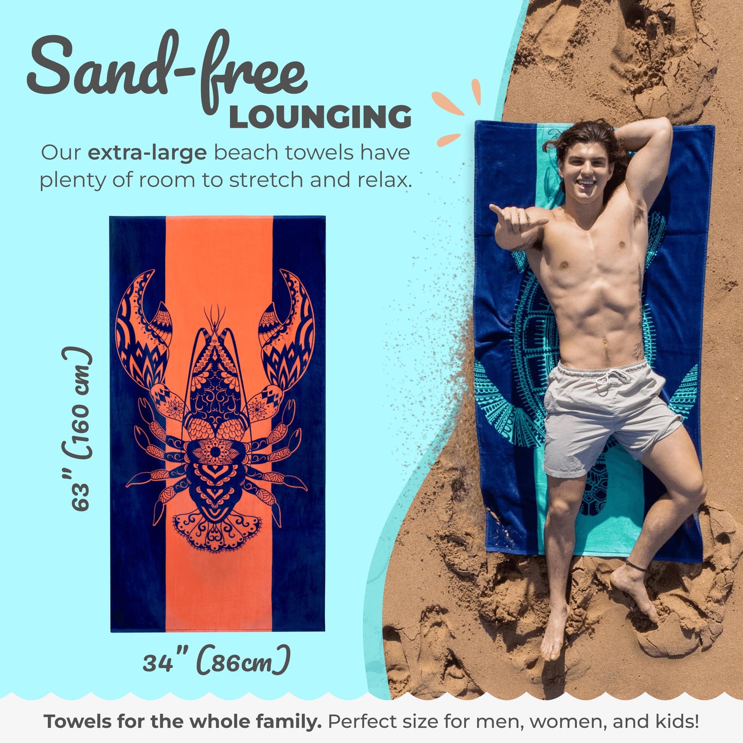 Nova Blue Lobster Beach Towel (34 X 63) - Solid Color Beach Towel Made from 100% Cotton – Coral Stripe Large Beach Towels with Tropical Design – Extra Large, XL Beach Blanket