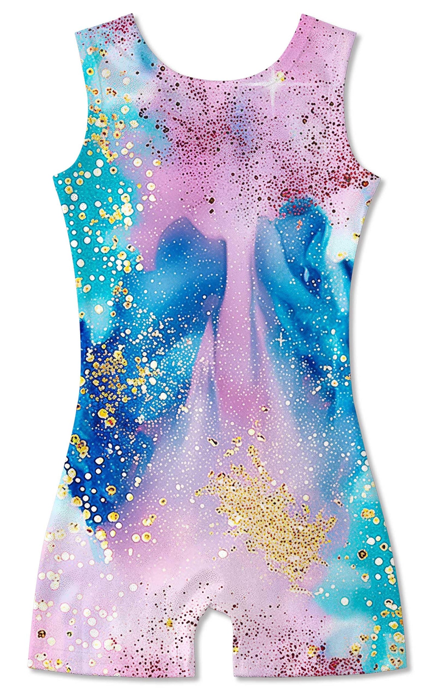Funnycokid Gymnastics Leotards for Girls Dance Clothes Sparkly Outfits Unitard with Shorts, Diamond Blue Pink, 7-8 Years