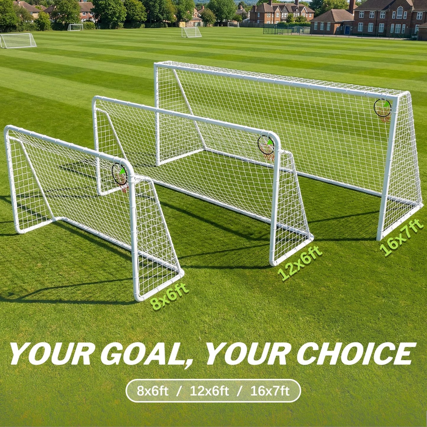 Metal Soccer Goal by [Brand Name] - Rust-Proof Frame with PE Net & Training Cones | 8x6, 12x6, 16x7 FT Sizes