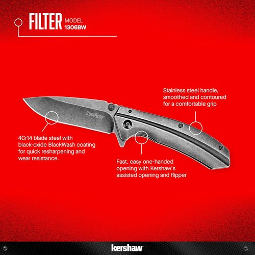 Kershaw Appa Folding Tactical Pocket Knife, SpeedSafe Opening, 2.75 inch Black Blade and Handle & Filter Pocket Knife, 3.25” Steel Blade with Assisted Opening
