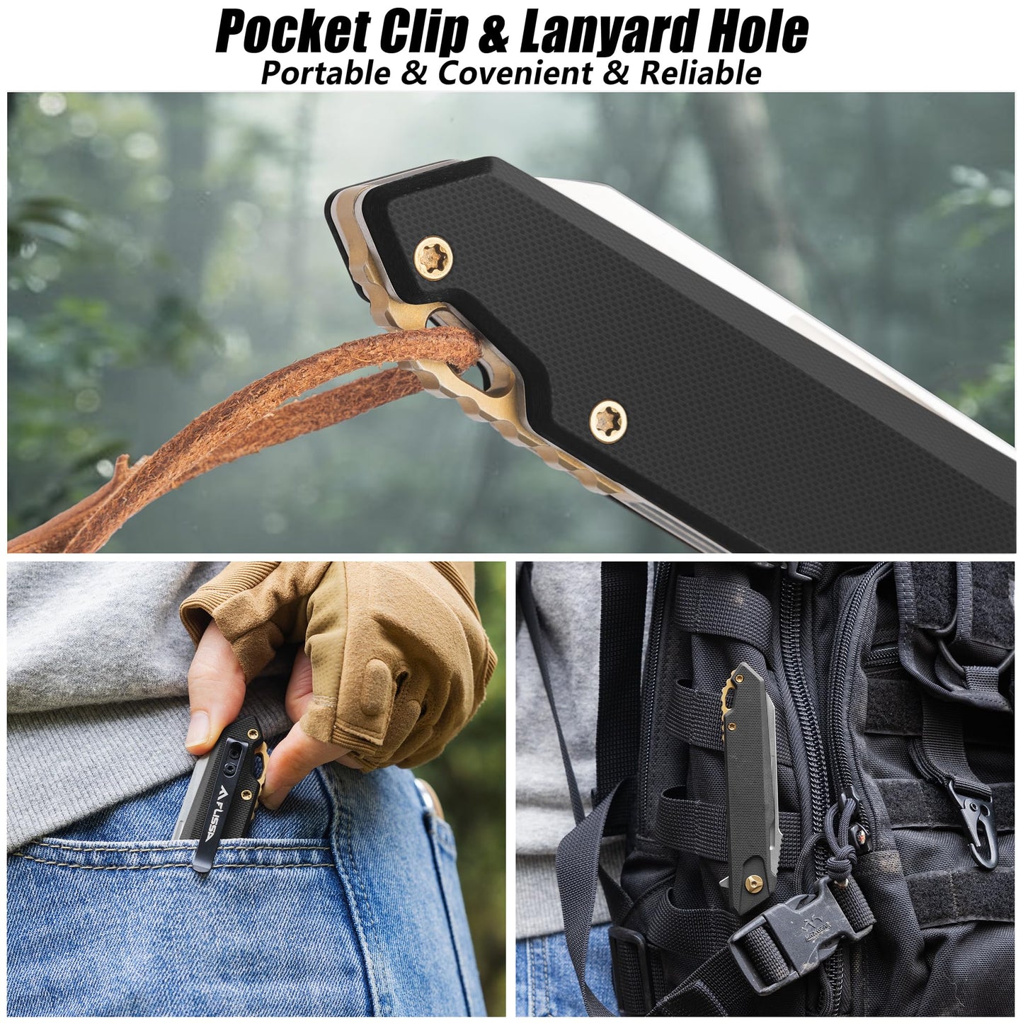 FLISSA Folding Pocket Knife, EDC Knife with D2 Steel Blade and G10 Handle, Pocket Clip, Suitable for Camping, Hiking, Fishing, Daily Use, Outdoor Activities(Black)