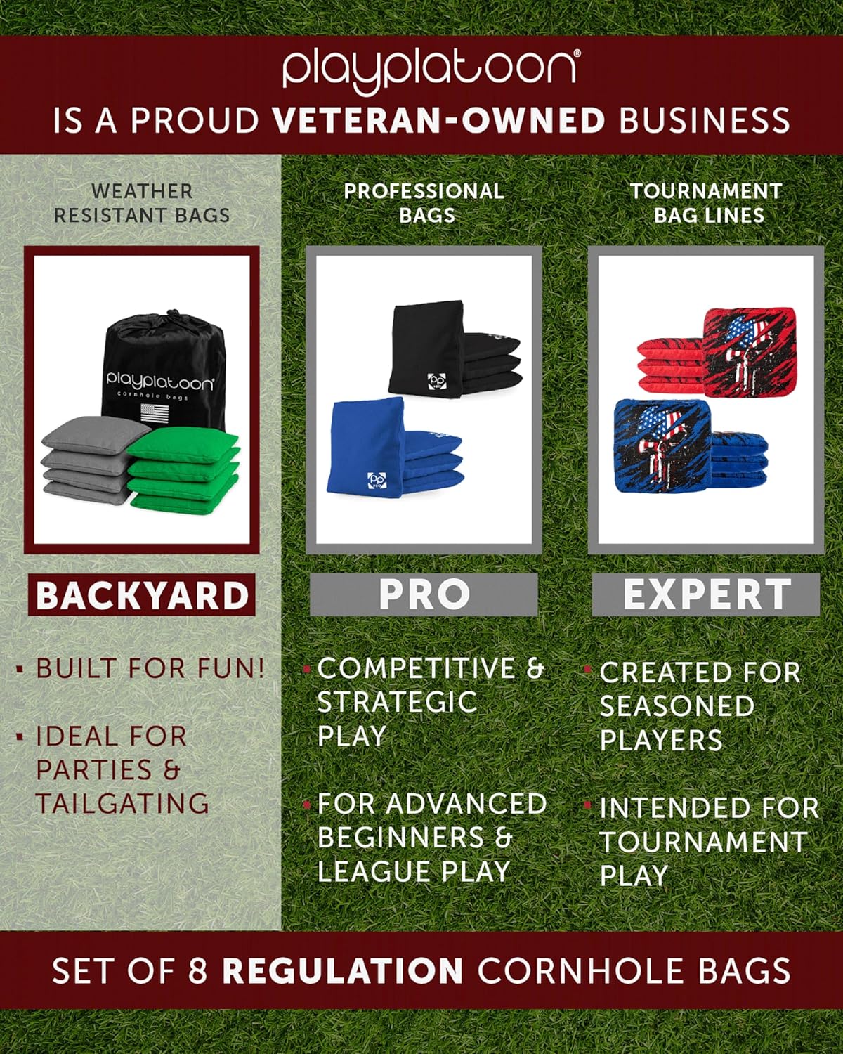Play Platoon Premium Cornhole Bags - Weather Resistant Duckcloth Set of 8 - Regulation Size & Weight