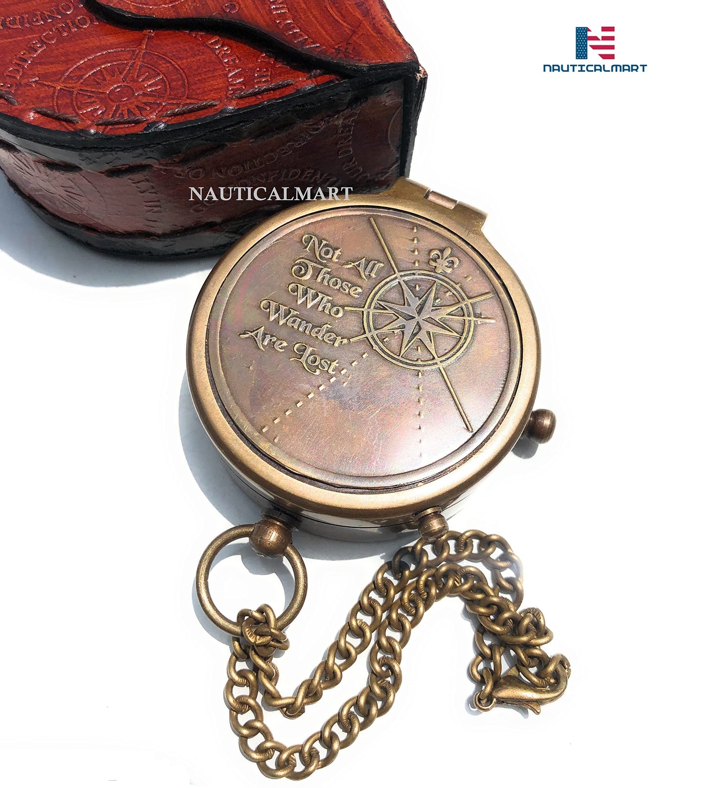 NauticalMart Brass Compass with Engraving - Not All Who Wander are Lost - Personalized Gift for Adventurers - Includes Leather Case - Ideal for Camping and Nautical Enthusiasts