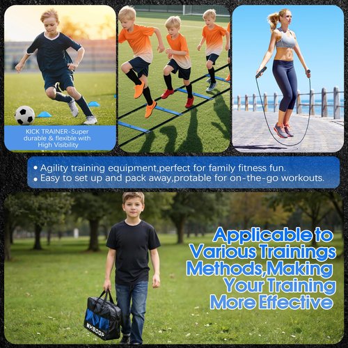 Agility Ladder,Speed Training Equipment Set,20ft Agility Ladder,12 Soccer Cones,4 Hurdles,Jump Rope,Running Resistance,Basketball Soccer Training Equipment with Carrying Bag for Kids Youth Adults-Blue