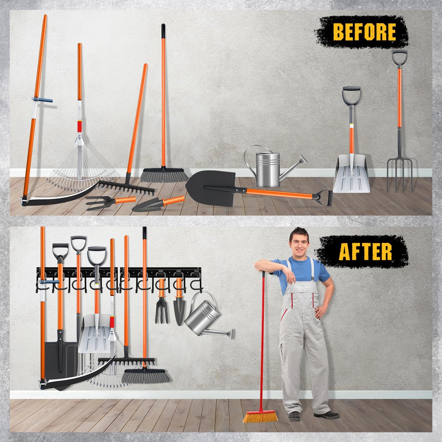 ELEAD 68'' All Metal Adjustable Garden Tool Organizer: Garage Tool Organizer Wall Mount with Black Hooks, Garage Organizers and Storage, Tool Hangers for Shed