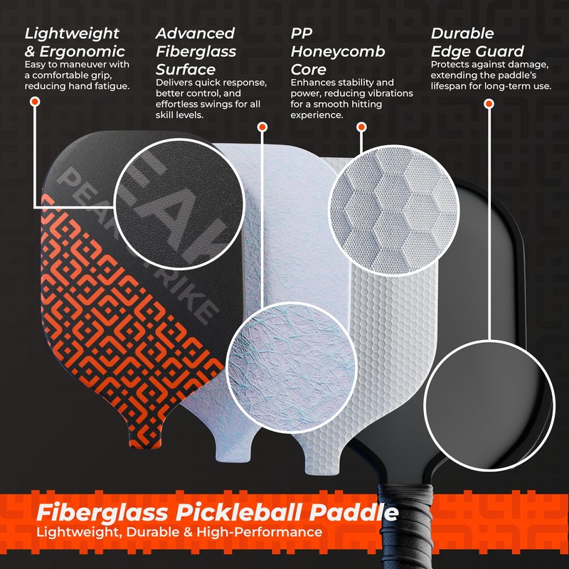 PeakStrike Pickleball Paddle Set – 2 Fiberglass Paddles with Honeycomb Core, 4 Balls & Sling Bag – Lightweight, Comfortable Grip – Fun for All Levels
