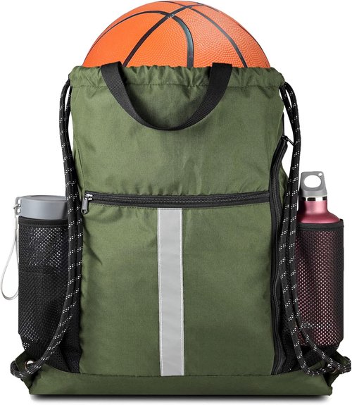 BeeGreen Moss Green Drawstring Bag - Heavy-Duty Sport Cinch Sack with Shoe Compartment & Mesh Pockets