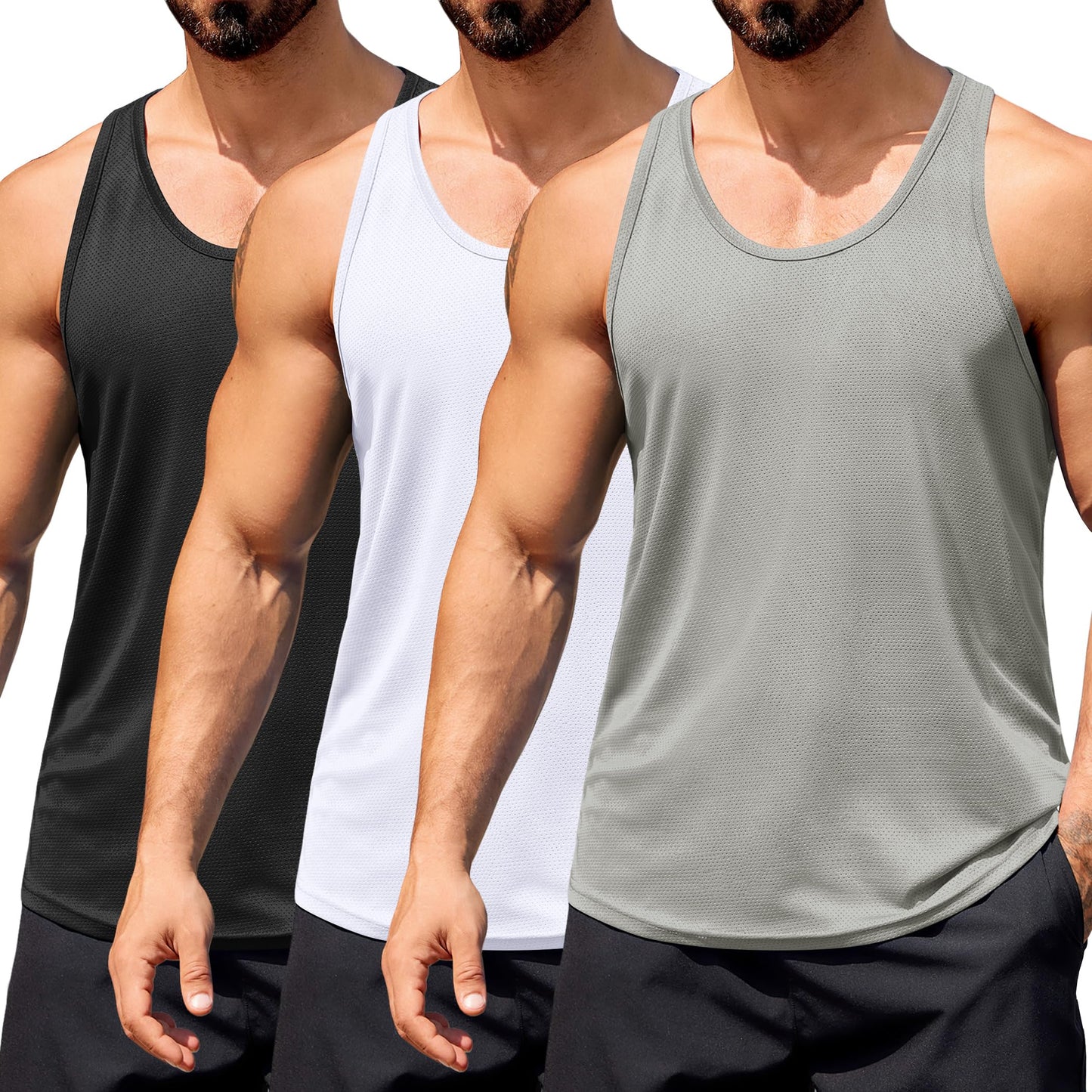 COOFANDY Sleeveless Workout Shirts for Men 3 Pack Gym Muscle Tank Tops Y-Back Running Tank Top Black/White/Light Grey Medium