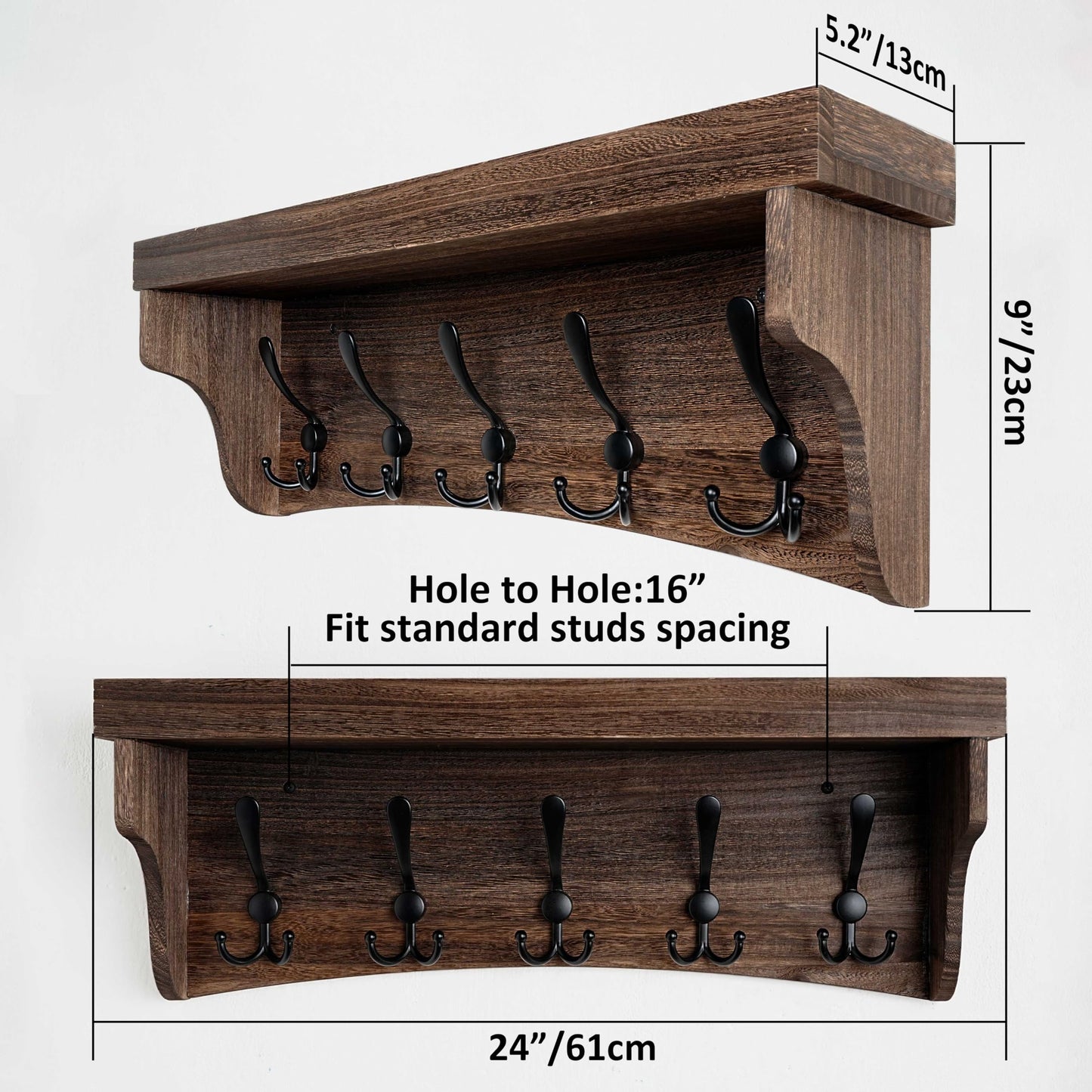 WEBI Rustic Coat Rack Wall Mount with Shelf,24" Long Wall Shelf with Hooks Underneath,5 Triple Hooks for Hanging Jacket,Bathroom,Entryway,Weathered Brown