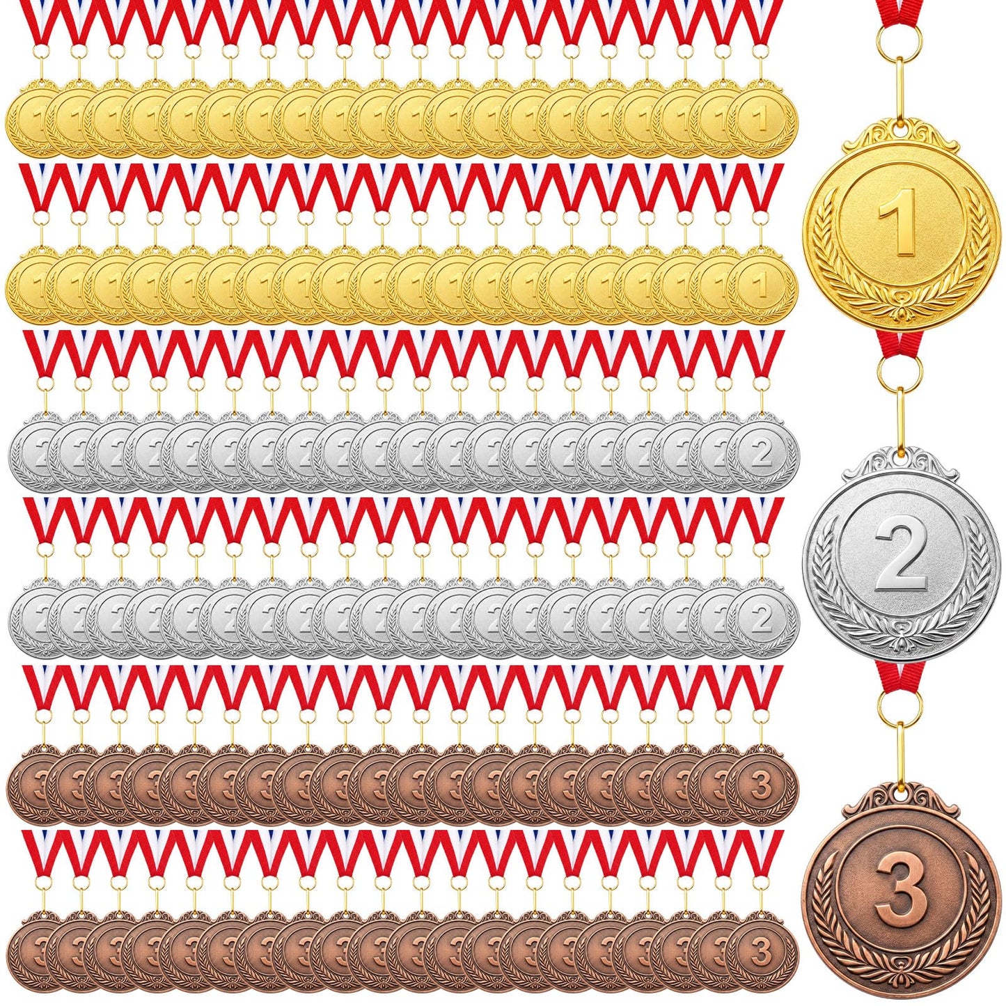 Kigeli 90 Pcs Gold Silver Bronze Award Medals, Winner Award Medals with Neck Ribbon, 1st 2nd 3rd Prizes for Kids, Adults, Competitions, Sports, Spelling Bees, 2 Inches