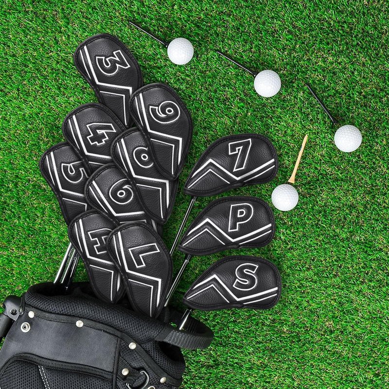 Welspo Magnetic Leather Golf Iron Head Covers 11 Pack Synthetic Leather Club Headcover, Embroidered Club Label on Both Sides of Golf Club Covers for Irons and Wedge, Universal Fit Main Iron Clubs