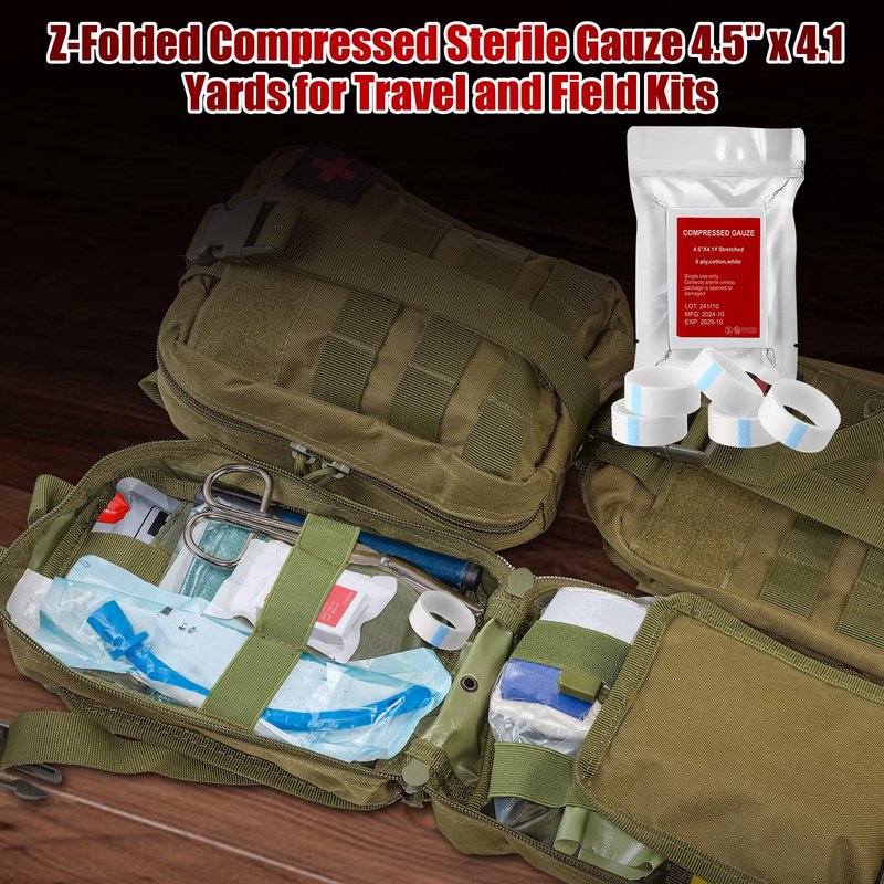 Threlaco 10 Pcs Z-Folded Compressed Sterile Gauze 4.5" x 4.1 Yards Combat Gauze Trauma Pad 6-ply 100% Cotton for Emergency Wound Dressing, First Aid Ifak Supplies Trauma Kit