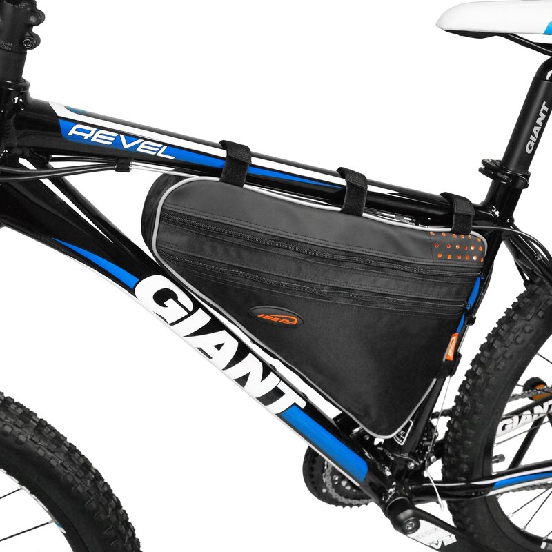 Ibera Bike Frame Bag - Slim Bike Pouch with 5L Capacity, 2-Zipper Compartments & Hook-and-loop Fastener - Fits Most Bikes - Water-Resistant & Reflective Bicycle Bag 16"x17"x11"